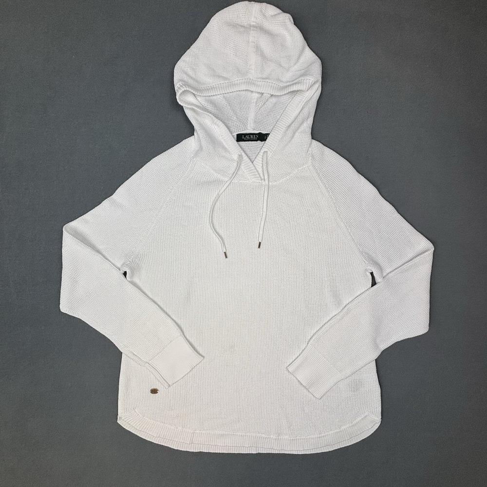 Lauren Ralph Lauren Waffle Knit Hoodie Womens LG White Cotton Raglan Pullover